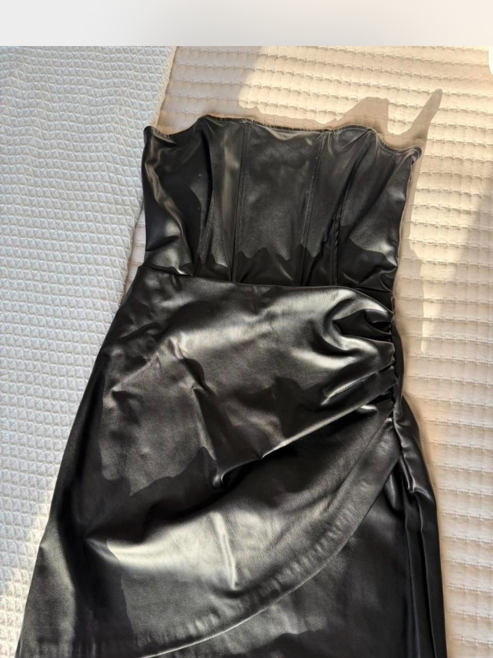 Zara Black Strapless Faux Leather Midi Dress